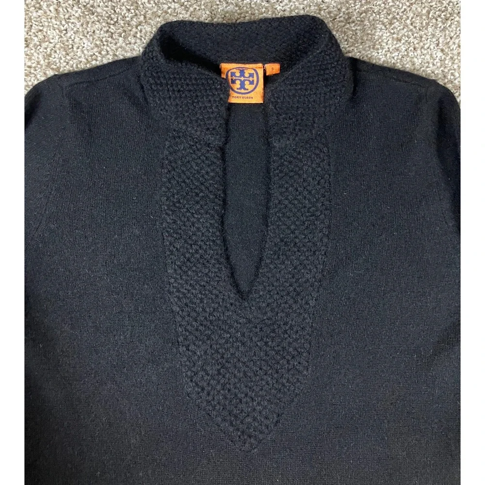 Tory Burch Black 100% Cashmere Split Neck Tunic Sweater Waffle Knit Trim S